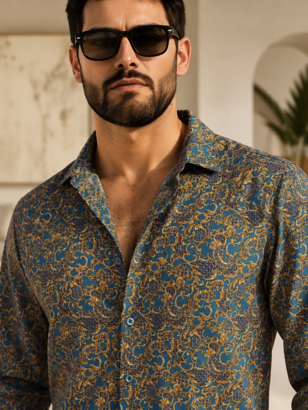 Vintage Tori Richard Green Gold Baroque Satin Shirt Large